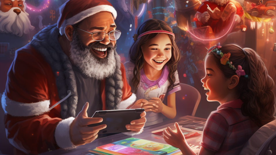 Santa and his elves with an iPad in the North Pole
