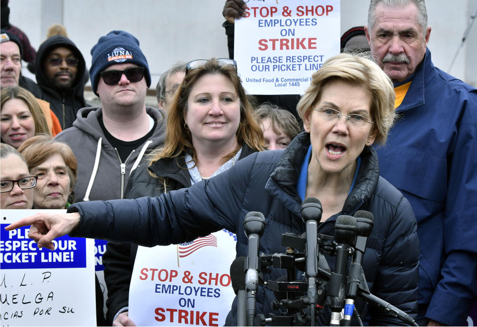 Sen. Elizabeth Warren (D-Mass.) speaks after joining striking Stop &amp; Shop supermarket employees on the picket line on April 12, 2019, in Somerville, Massachusetts. (Photo: ASSOCIATED PRESS)