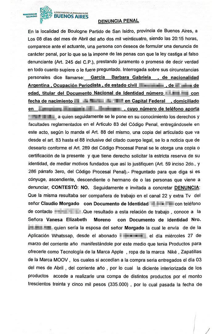 La denuncia penal contra Claudio Morgado y su esposa presentada este lunes 8 de abril