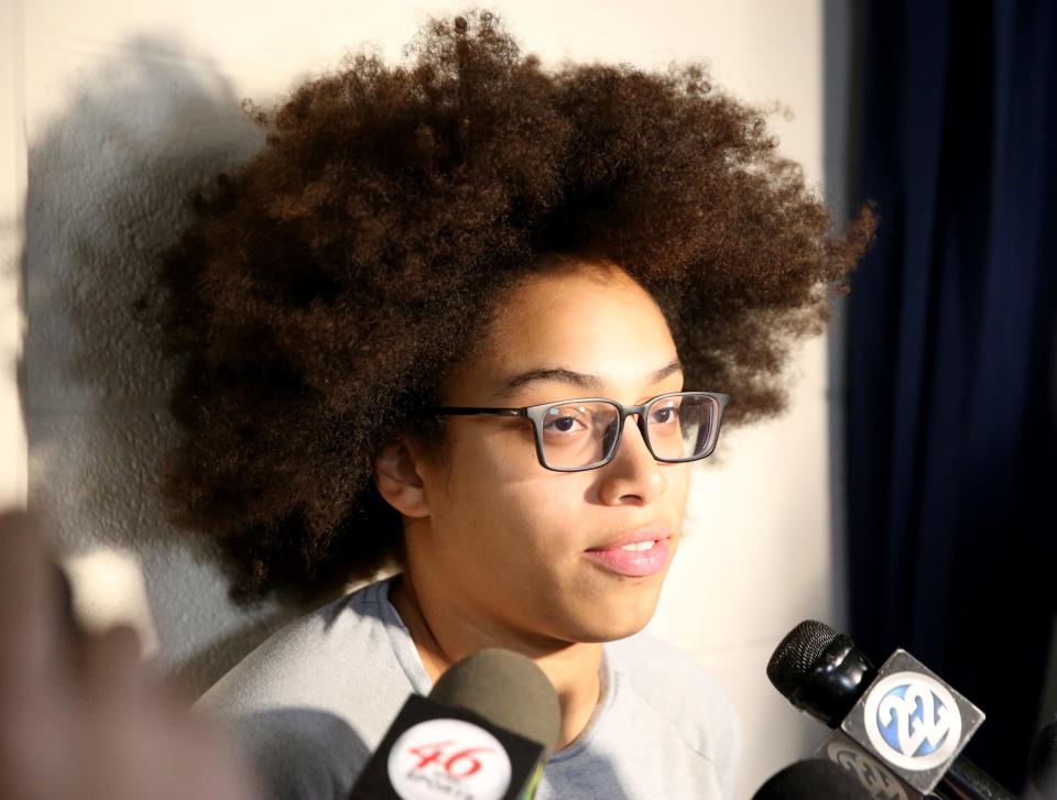 Notre Dame guard Olivia Miles speaks to reporters Tuesday, Oct. 10, 2023, at the Notre Dame women’s basketball media day at Purcell Pavilion on South Bend.