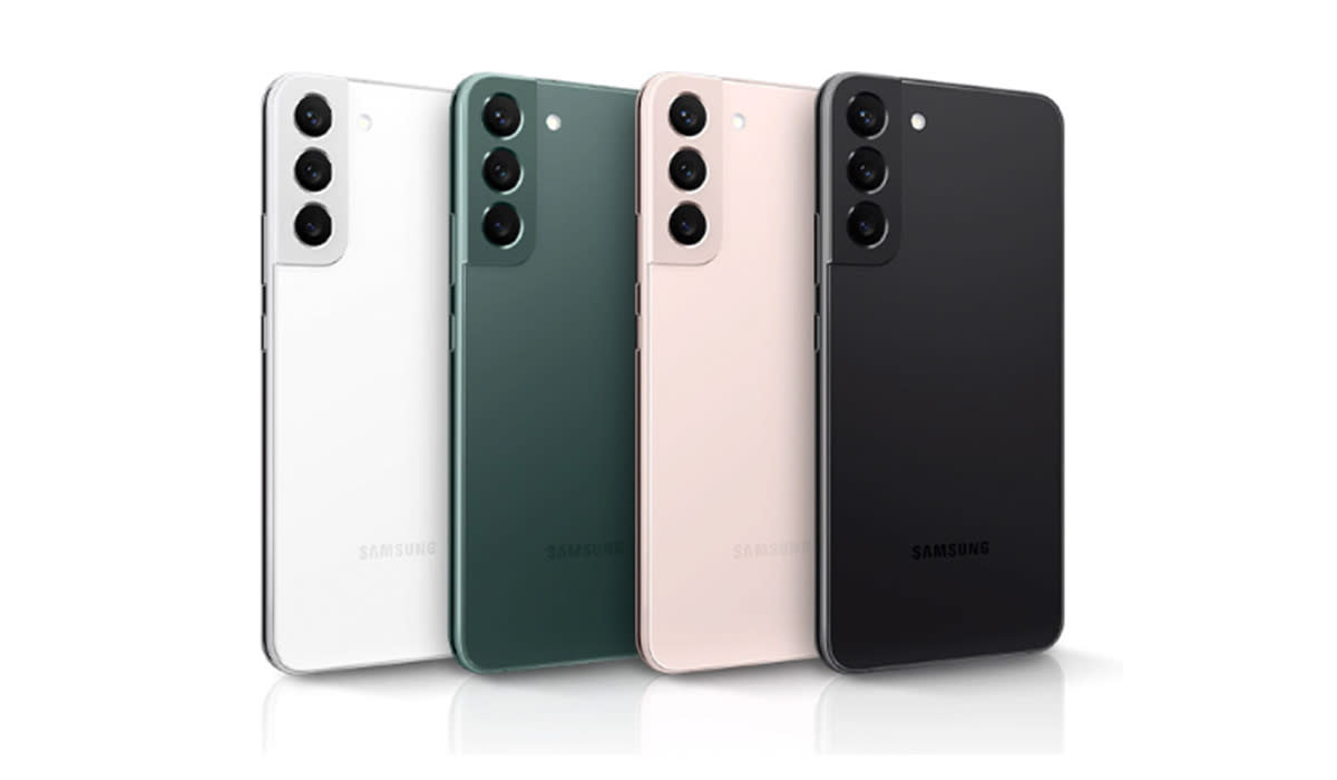 Four samsung phones in white, green, pink, and black