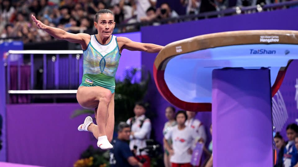 Chusovitina competes in the vault event at the 2022 Asian Games in Hangzhou, China. - William West/AFP/Getty Images