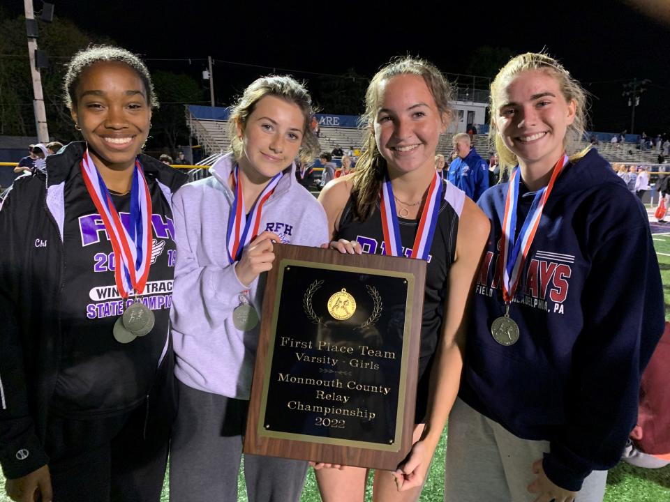 Rumson-Fair Haven's 4x400 holds up the plaque for thr girls team title (left to right): Chloee Dotts, Cassedy Stypul, Tyler Argilagos and Megan Burns