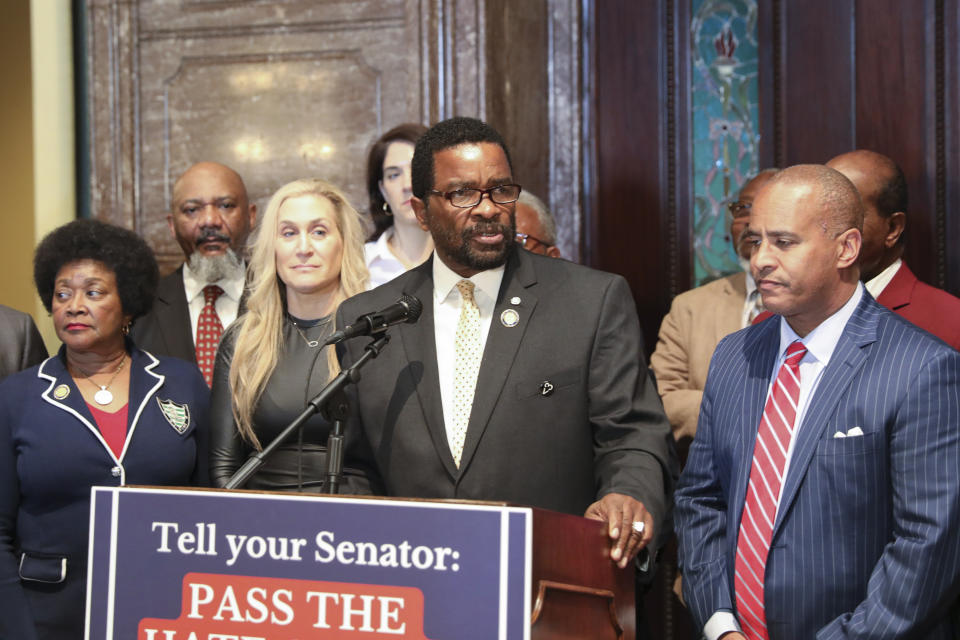 South Carolina Rep. Wendell Gillard, D-Charleston, speaks after the House passed his hate crimes bill on Wednesday, March 8, 2023, in Columbia, S.C. The bill would make the state the 49th in the country to pass a law allowing harsher punishments for violent hate crimes. (AP Photo/Jeffrey Collins)