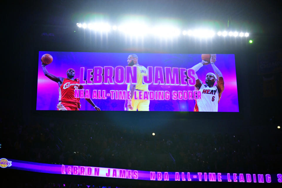 Feb 7, 2023; Los Angeles, California, USA; A video board displays the new NBA all-time leading scorer after Los Angeles Lakers forward LeBron James (6) breaks the record for all-time scoring during the third quarter against the Oklahoma City Thunder at Crypto.com Arena. Mandatory Credit: Gary A. Vasquez-USA TODAY Sports