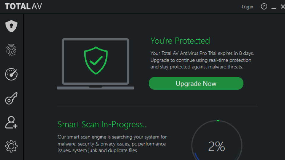 The Total AV interface, with a message about upgrading for real-time protection