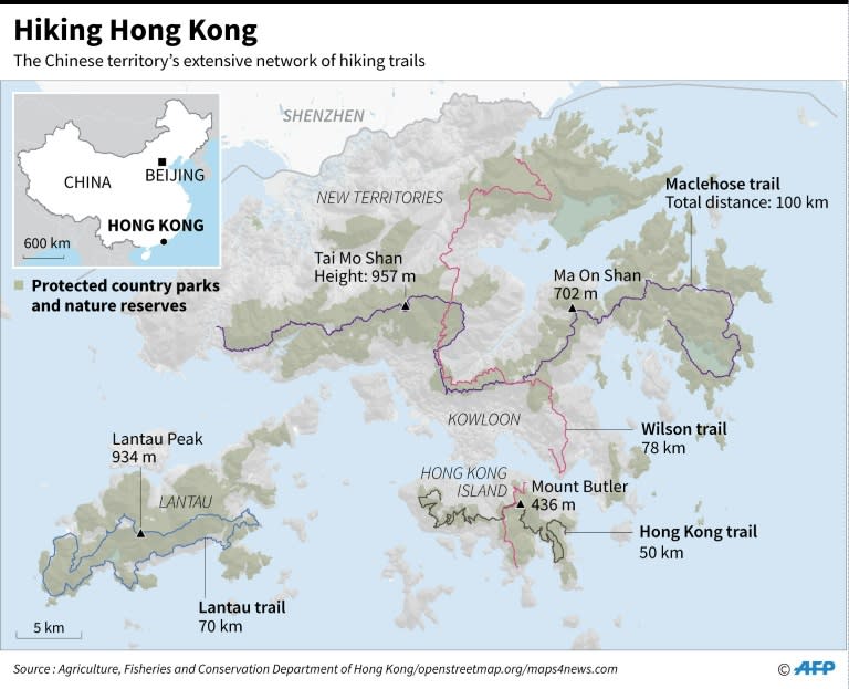 Protected country parks and main hiking trails in Hong Kong