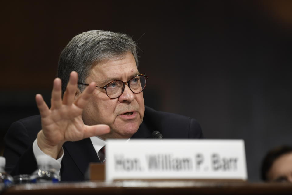 FILE - In this May 1, 2019, file photo, Attorney General William Barr testifies before the Senate Judiciary Committee on Capitol Hill in Washington. Barr is defending his short summary of special counsel Robert Mueller's report on his Russia investigation. Barr says his summary accurately captured the report's conclusions. (AP Photo/Susan Walsh)