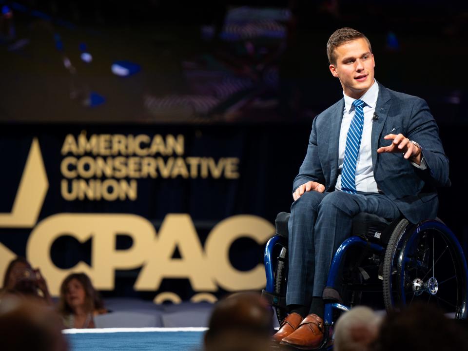 Madison Cawthorn speaks on stage at the CPAC event on July 2020