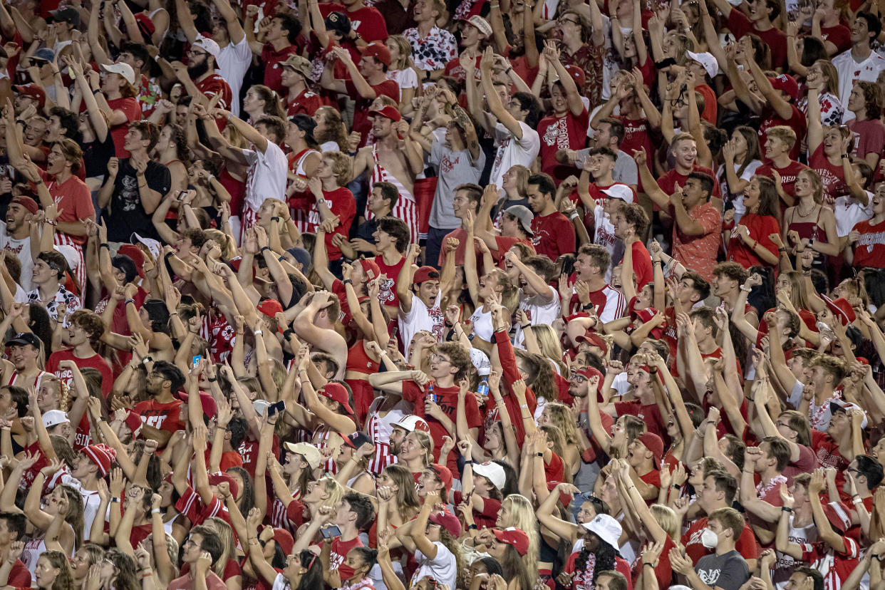 University of Wisconsin Madison students at a college football game between the Eastern Michigan Eagles and the Wisconsin Badgers on Sept. 11 at Camp Randall Stadium in Madison. 