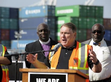 President of the International Brotherhood of Teamsters labour union James P. Hoffa speaks at a news conference regarding truck drivers striking against what they say are misclassification of workers at the Ports of Long Beach and Los Angeles in Long Beach, California October 27, 2015. REUTERS/Bob Riha Jr.