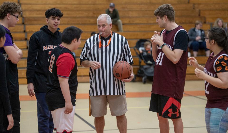 Marlborough High School Athletic Director Jeff Rudzinsky was the referee for Marlborough's unified basketball game against the Algonquin Regional High School Titans, Oct. 26, 2023.