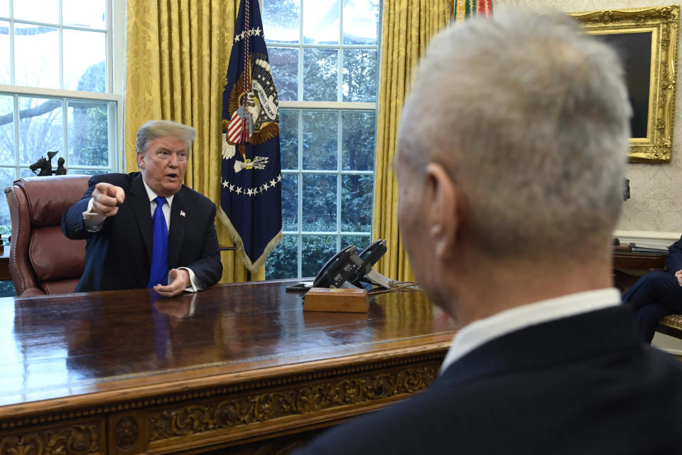 President Donald Trump, left, speaks during his meeting with Chinese Vice Premier Liu He, right, in the Oval Office of the White House in Washington, Friday, Feb. 22, 2019. (AP Photo/Susan Walsh)