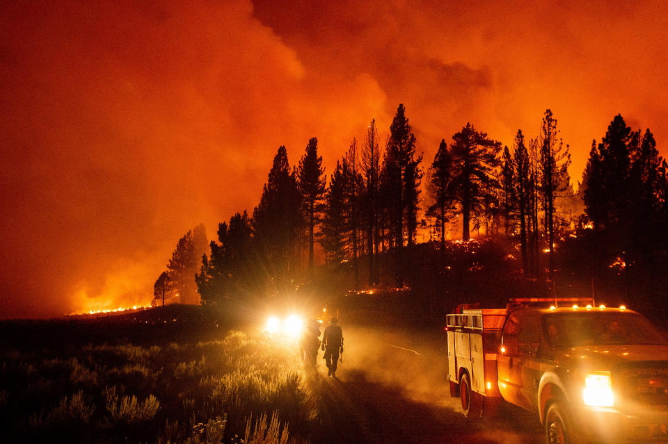 Firefighters battle the Sugar Fire, part of the Beckwourth Complex Fire, burning in Plumas National Forest, Calif., on July 8.<span class="copyright">Noah Berger—AP</span>