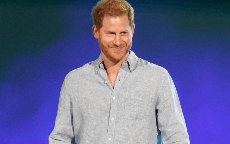 The Duke of Sussex speaks at 'Vax Live' in Inglewood, California, in early May. Prince Harry compared his life as part of the Royal family to being on 'The Truman Show' - Jordan Strauss/AP