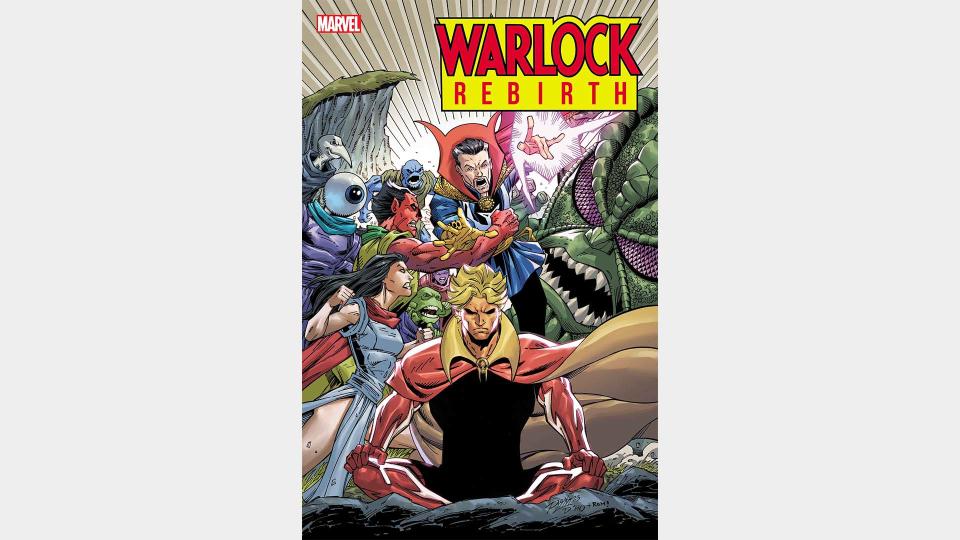 Adam Warlock with various characters behind him including Dr Strange