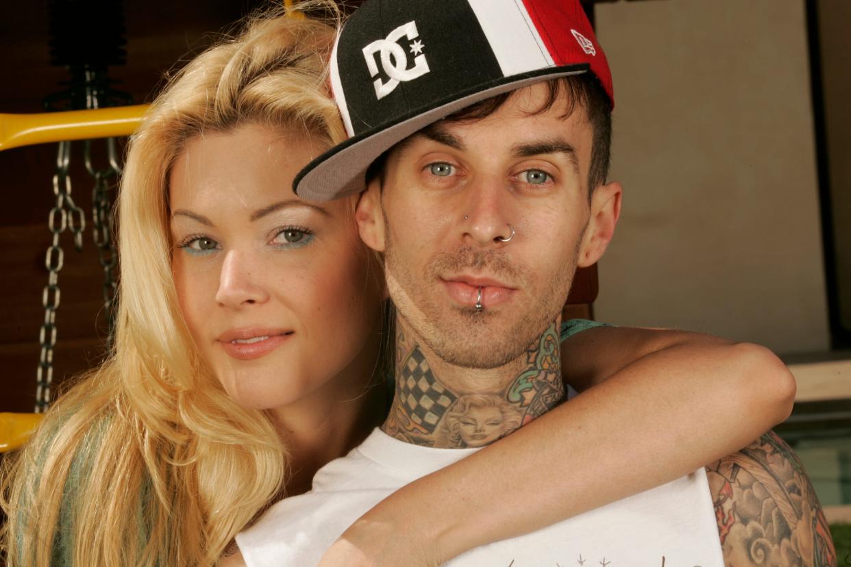 Shanna Moakler, left, opened up about her past relationships with Travis Barker, right, and Oscar De La Hoya during a Wednesday episode of the "Dumb Blonde" podcast.