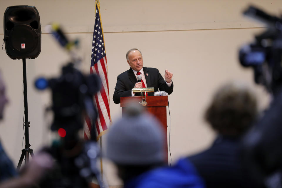 U.S. Rep. Steve King, R-Iowa, speaks during a town hall meeting, Saturday, Jan. 26, 2019, in Primghar, Iowa. King held the first of a promised 39 town hall meetings in his Iowa district since he made racist remarks during a newspaper interview this month that led to a formal rebuke and diminished role in Congress. (AP Photo/Charlie Neibergall)