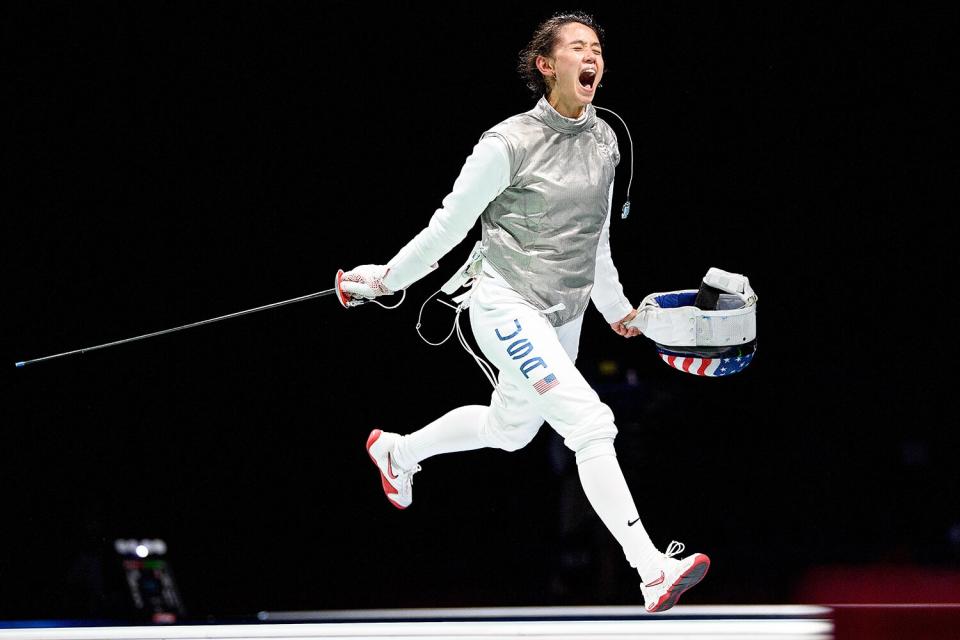 Lee Kiefer of Team United States celebrates after winning the Women's Foil Individual Fencing semifinal 2 against Larisa Korobeynikova of Team ROC on day two of the Tokyo 2020 Olympic Games at Makuhari Messe Hall on July 25, 2021 in Chiba, Japan.