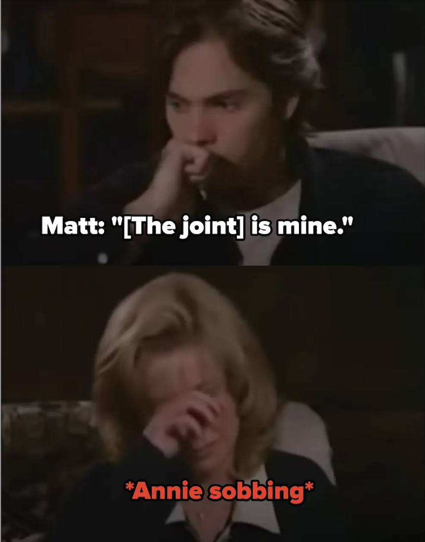A woman crying when her son says, "The joint is mine"