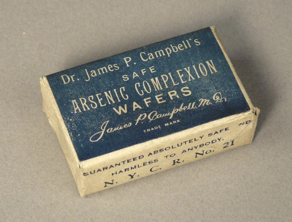 A vintage box labeled "Dr. James P. Campbell's Safe Arsenic Complexion Wafers" claiming to be safe and harmless