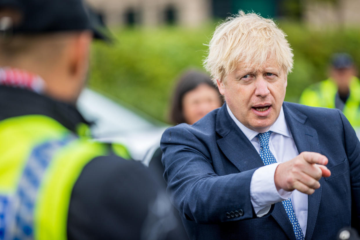 Prime Minister Boris Johnson and Home Secretary Priti Patel meeting Police Officers during a visit to North Yorkshire Police headquarters, Northallerton.