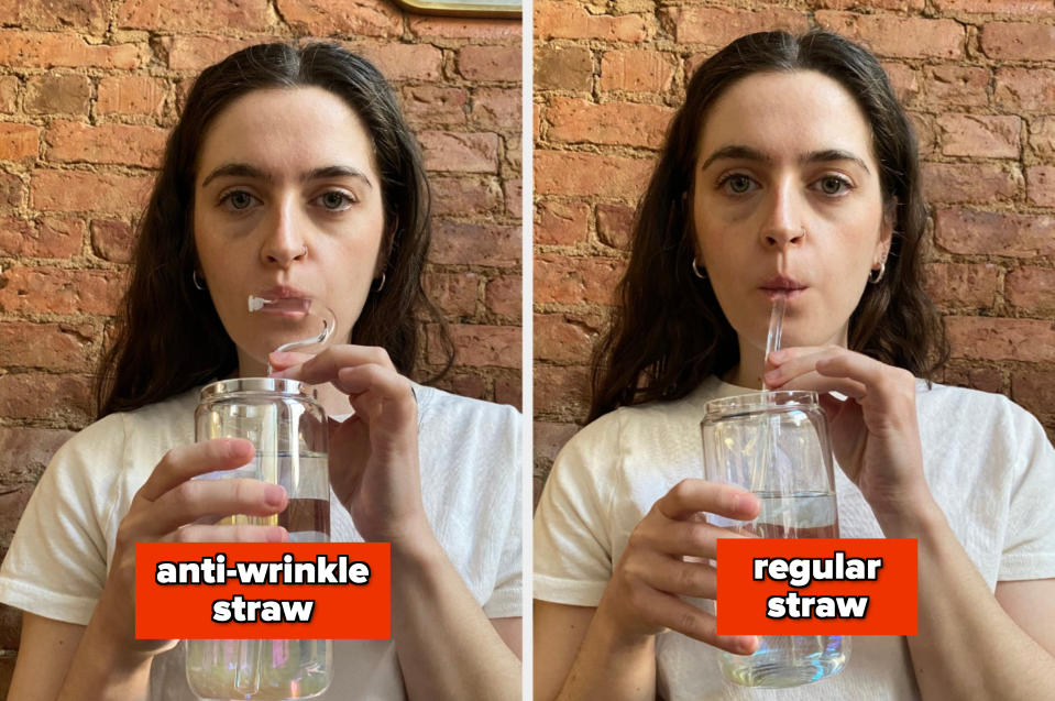 The author using two different straws, one labeled "anti-wrinkle straw" and the other "regular straw."