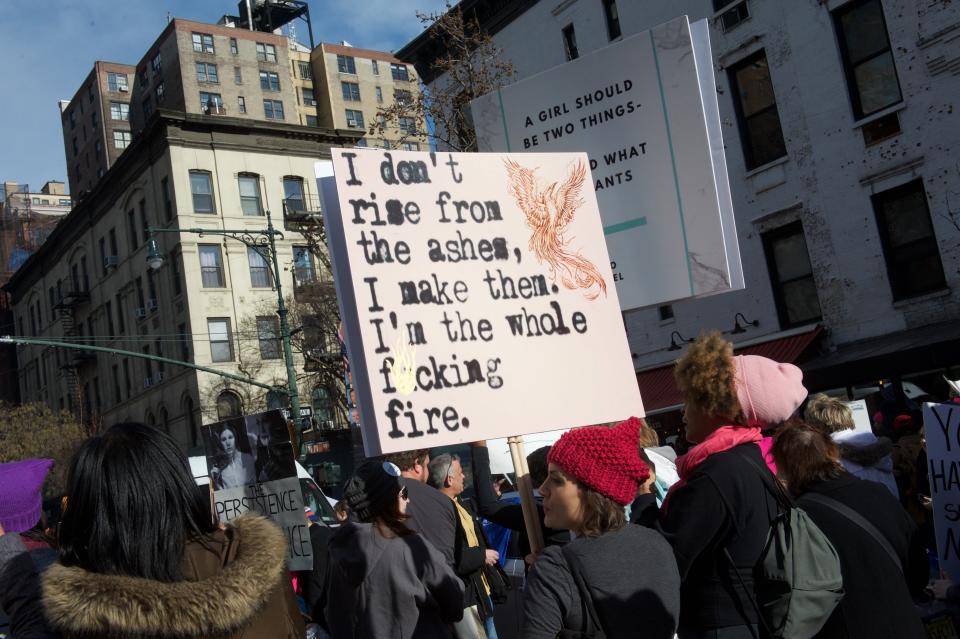 People march in Manhattan during the 2018 Women&rsquo;s March on New York City on Jan. 20, 2018.&nbsp;&nbsp;