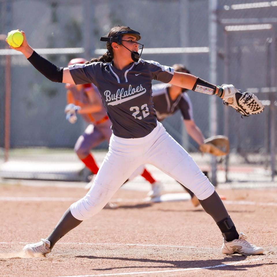 Buffaloes Pitcher Nayellys Torres winds up before delivering her pitch during a VOL softball contest between Manteca High and Oakdale on May 2nd, 2024 in Oakdale, CA