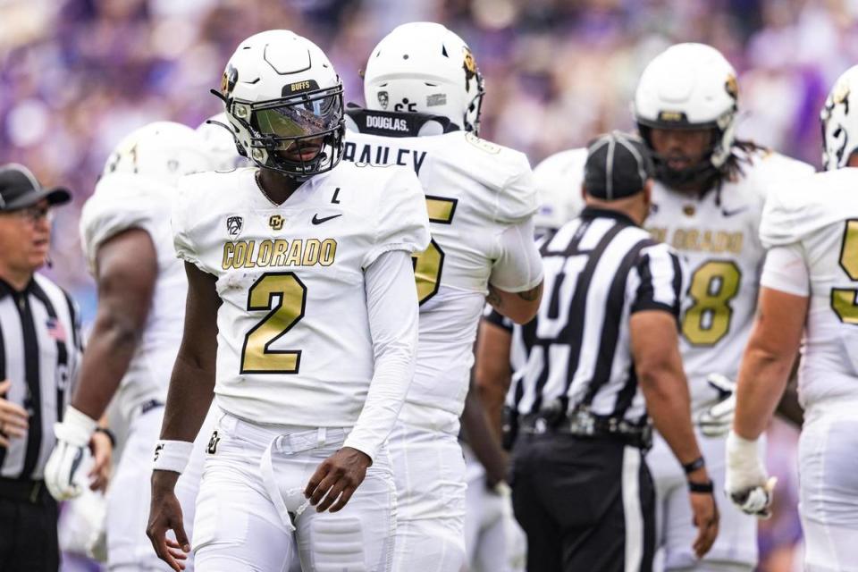 Colorado quarterback Shedeur Sanders (2) walks back to the huddle in the second half during a college football game between the TCU Horned Frogs and the Colorado Buffaloes at Amon G. Carter Stadium in Fort Worth on Saturday, Sept. 2, 2023.