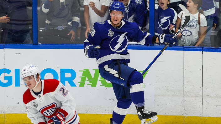 TAMPA, FL - JUNE 28: Ondrej Palat #18 of the Tampa Bay Lightning celebrates his goal against the Montreal Canadiens during the third period in Game One of the Stanley Cup Final of the 2021 Stanley Cup Playoffs at Amalie Arena on June 25, 2021 in Tampa, Florida. (Photo by Mark LoMoglio/NHLI via Getty Images)