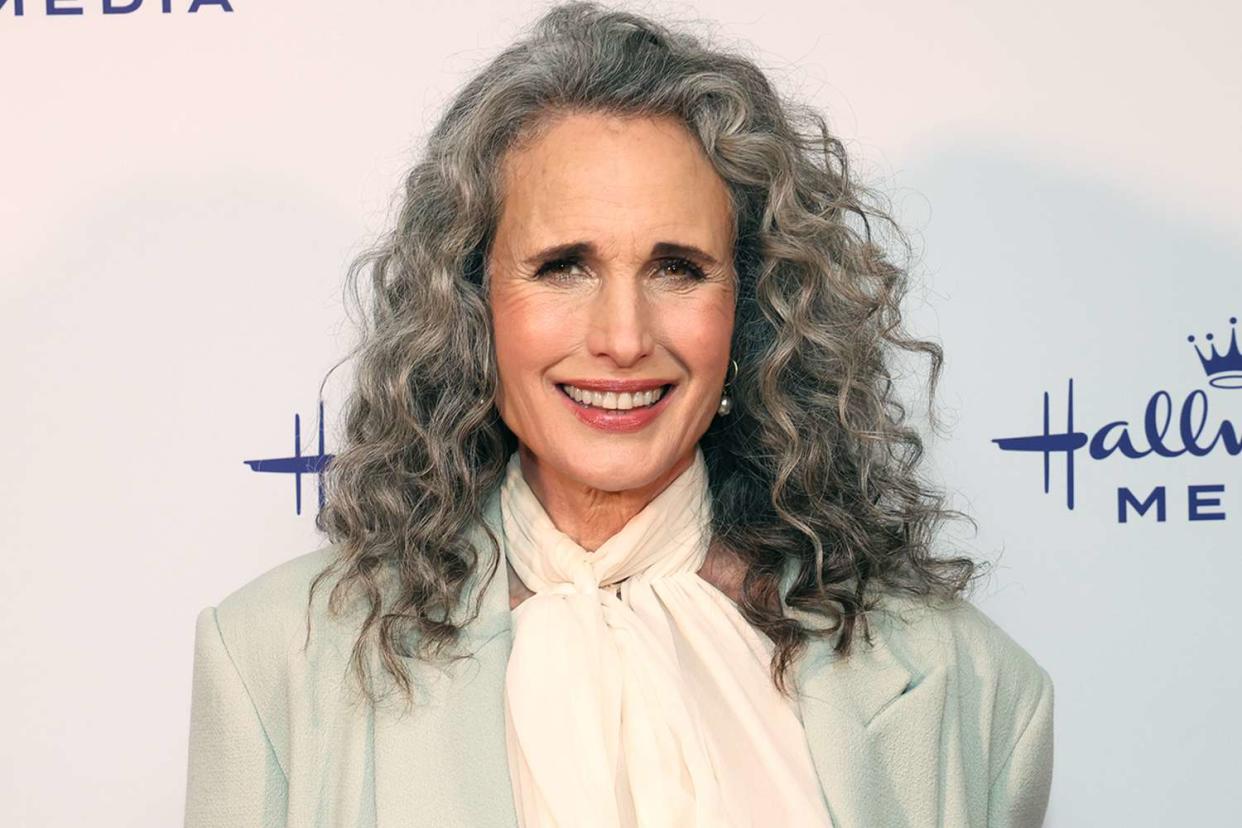 <p>Phillip Faraone/Getty </p> Andie MacDowell showing off her gray hair in February