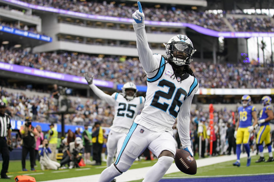 Carolina Panthers cornerback Donte Jackson celebrates after returning an intercepted pass for a touchdown during the first half of an NFL football game against the Los Angeles Rams Sunday, Oct. 16, 2022, in Inglewood, Calif. (AP Photo/Ashley Landis)