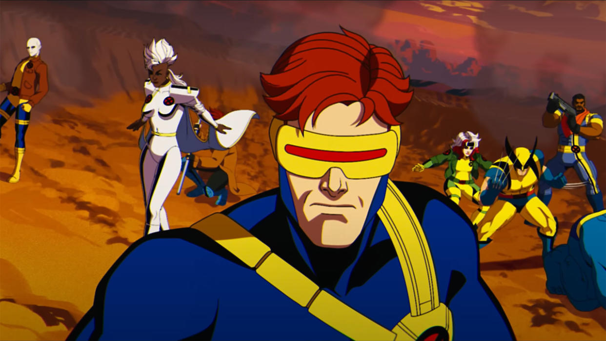  A screenshot from X-Men 97, the precursor to X-Men 97 season 2, showing Cyclops, Storm, Wolverine, and other mutants in the Marvel Disney Plus animated show. 