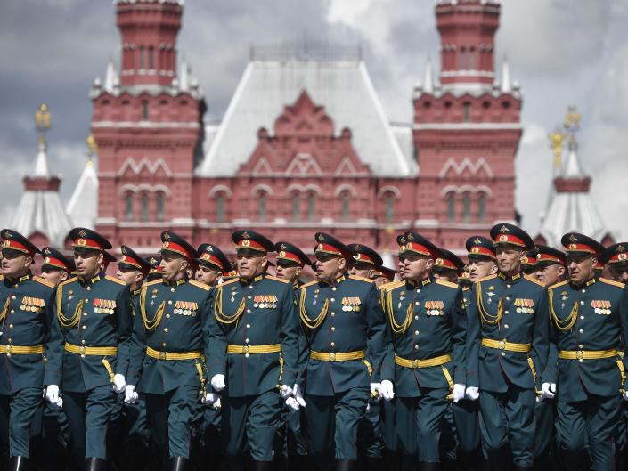 Russian servicemen march on Red Square during the Victory Day military parade in central Moscow on May 9, 2022.