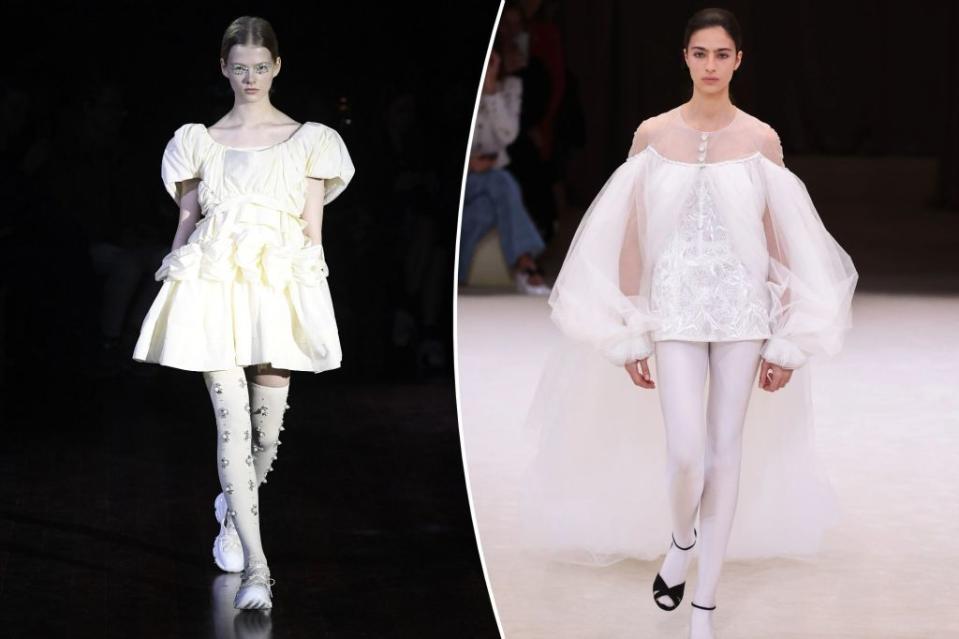 More recent runway versions of the white-tights look include balletcore queen Simone Rocha’s Fall 2022 show (left) and Chanel’s spring 2024 couture show (right). Images: Getty