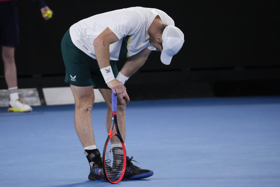 Andy Murray of Britain reacts after losing a point to Thanasi Kokkinakis of Australia during their second round match at the Australian Open tennis championship in Melbourne, Australia, Thursday, Jan. 19, 2023. (AP Photo/Ng Han Guan)