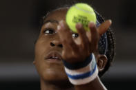 Cori Gauff of the U.S. serves against Italy's Martina Trevisan in the second round match of the French Open tennis tournament at the Roland Garros stadium in Paris, France, Wednesday, Sept. 30, 2020. (AP Photo/Alessandra Tarantino)