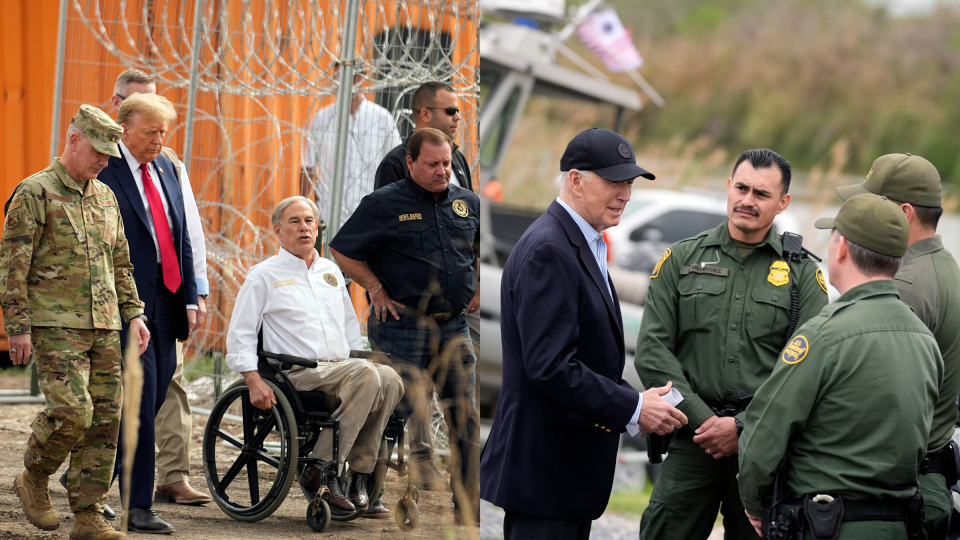 Left: Republican presidential candidate former President Donald Trump walks with Texas Gov. Greg Abbott and others in Eagle Pass, Texas, on Thursday. Right: President Joe Biden talks with the U.S. Border Patrol, as he looks over the southern border in Brownsville, Texas, along the Rio Grande.