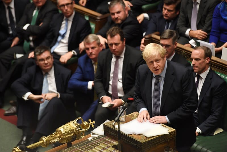 FILE PHOTO: Britain's PM Johnson speaks ahead of "Super Saturday" Brexit deal vote in London