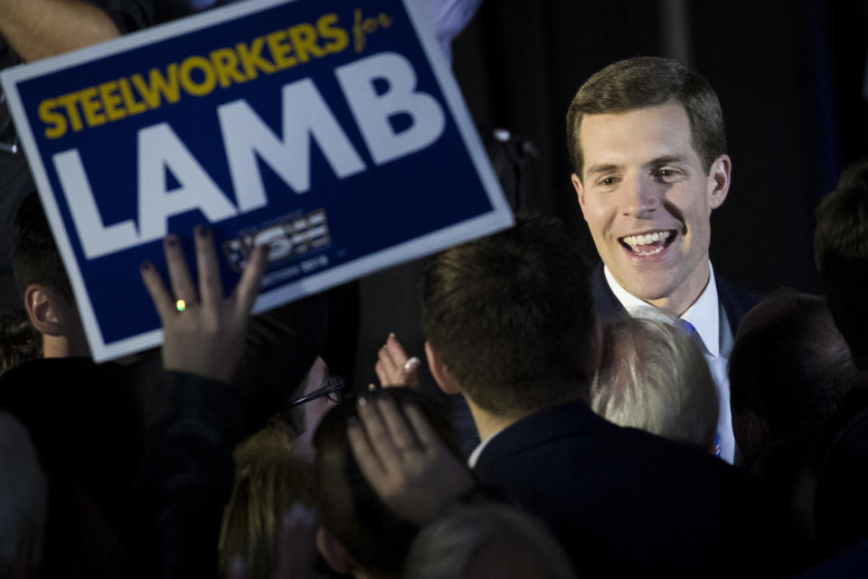 Democrat Conor Lamb greets supporters on the night of his upset victory in a congressional race in Pennsylvania. (Photo: Drew Angerer via Getty Images)