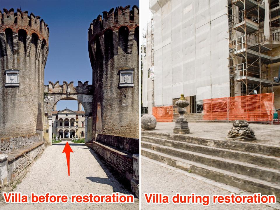 The villa seen from outside the walls before restoration (L). A close-up of the villa during the restoration process.