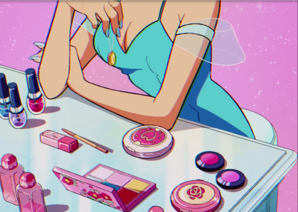 Dua Lipa Sailor Moon Music Video - pink compact mirror on table