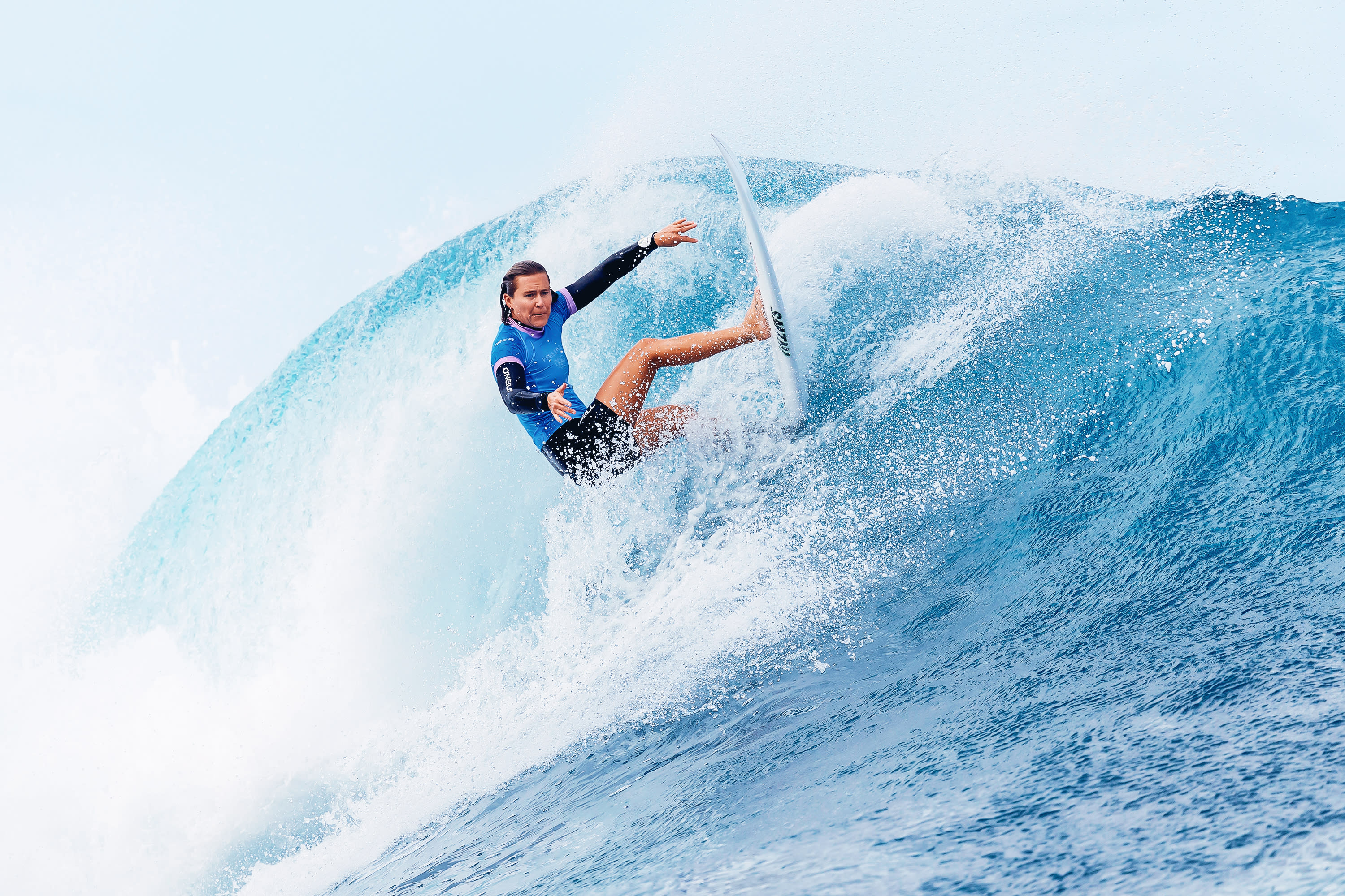 Sarah Baum of Team South Africa rides a wave during round three of women's surfing on day six of the Olympic Games Paris 2024 on August 01, 2024 in Teahupo'o, French Polynesia. (Photo by Sean M. Haffey/Getty Images)
