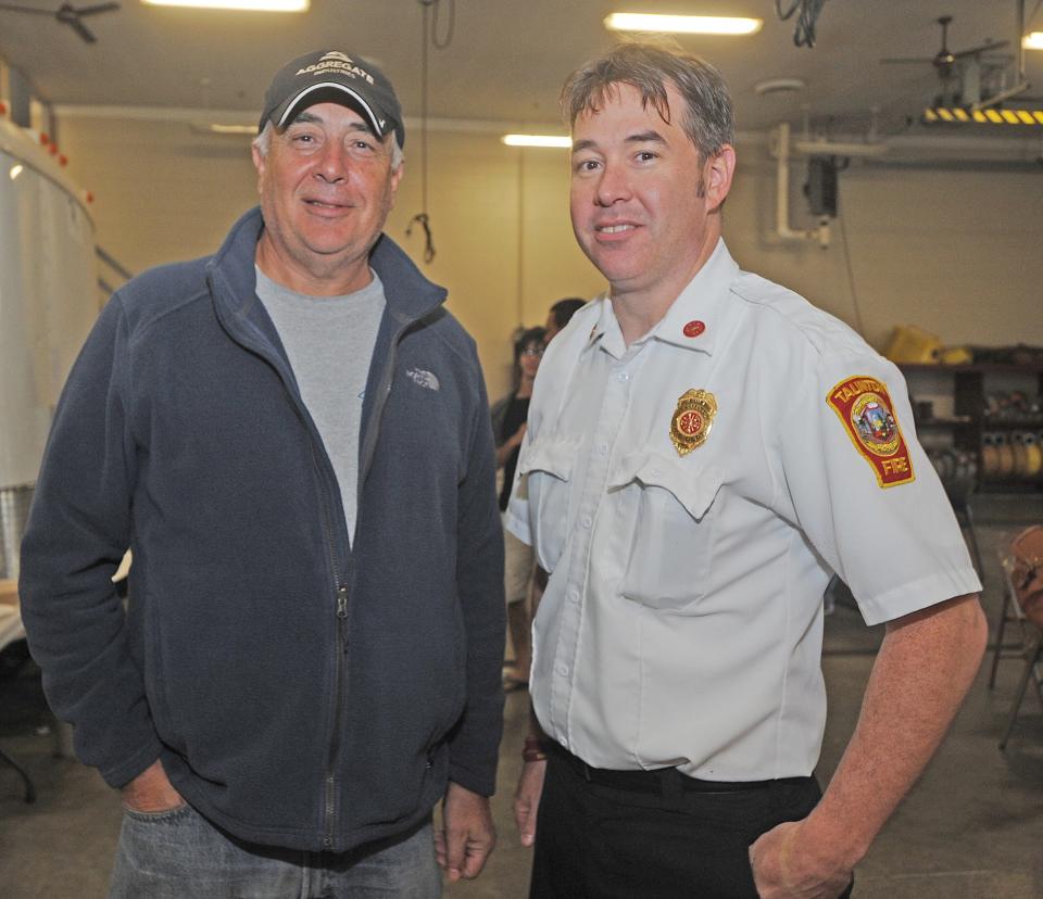 Taunton Fire Chief Tim Bradshaw, right, with his dad, retired Deputy Chief Russell Bradshaw, in 2016. The younger Bradshaw is now also retiring, with his last day on the job being Saturday, Aug. 12, 2023.