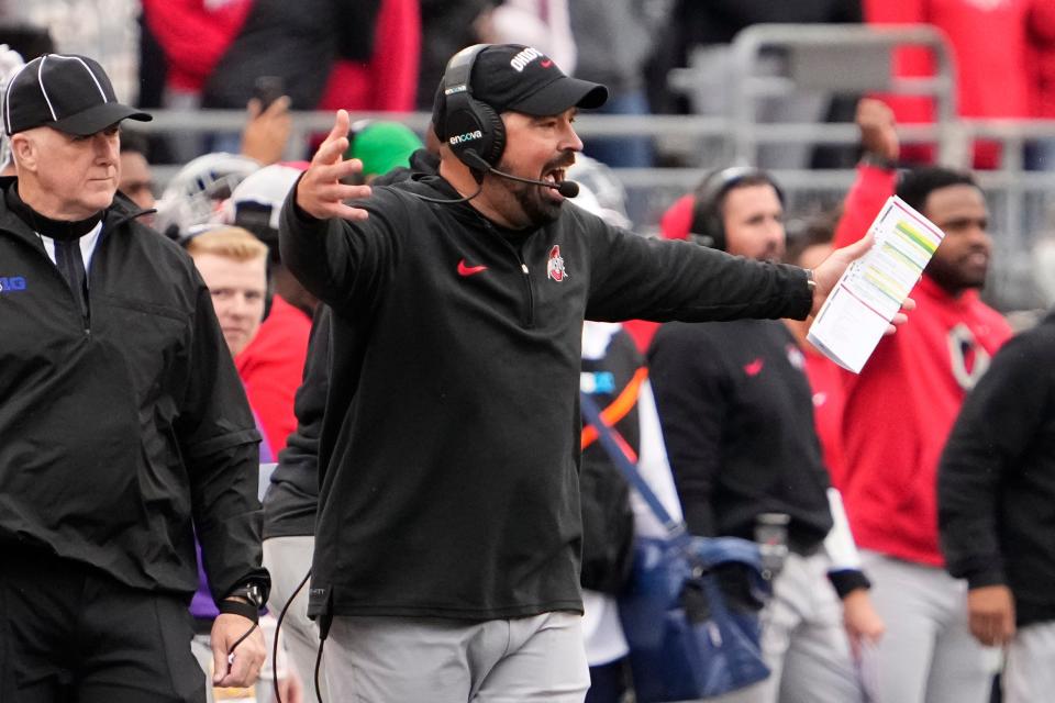 Oct 21, 2023; Columbus, Ohio, USA; Ohio State Buckeyes head coach Ryan Day gestures from the sideline during the NCAA football game against the Penn State Nittany Lions at Ohio Stadium.