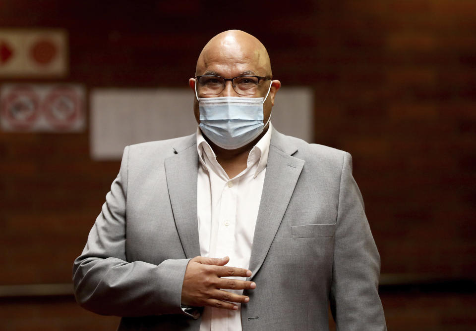 Former State Security Agency director, Arthur Fraser, at the Pietermaritzburg, South Africa High Court during the fraud and corruption trial of former president Jacob Zuma and Thales, Sept. 21, 2021. Fraser walked into a Johannesburg police station on June 1, 2022 and laid a criminal complaint against South African President Cyril Ramaphosa over the theft of what Fraser says was more than $4 million in cash that was concealed on the ranch of Ramaphosa. (AP Photo)