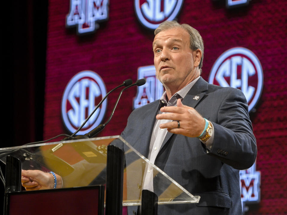 Jul 17, 2023; Nashville, TN; Texas A&M Aggies head coach Jimbo Fisher speaks with the media during SEC Media Days at Grand Hyatt. Steve Roberts-USA TODAY Sports