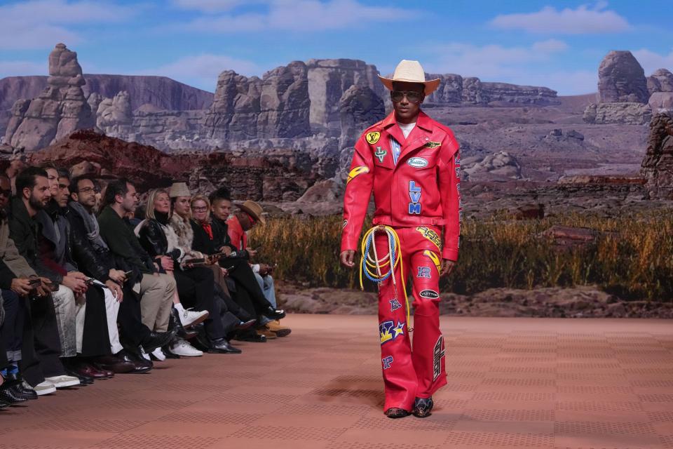 A model wears a creation for Louis Vuitton as part of the Menswear ready-to-wear Fall-Winter 2024-2025 collection presented in Paris, Tuesday, Jan. 16, 2024. (AP Photo/Thibault Camus)