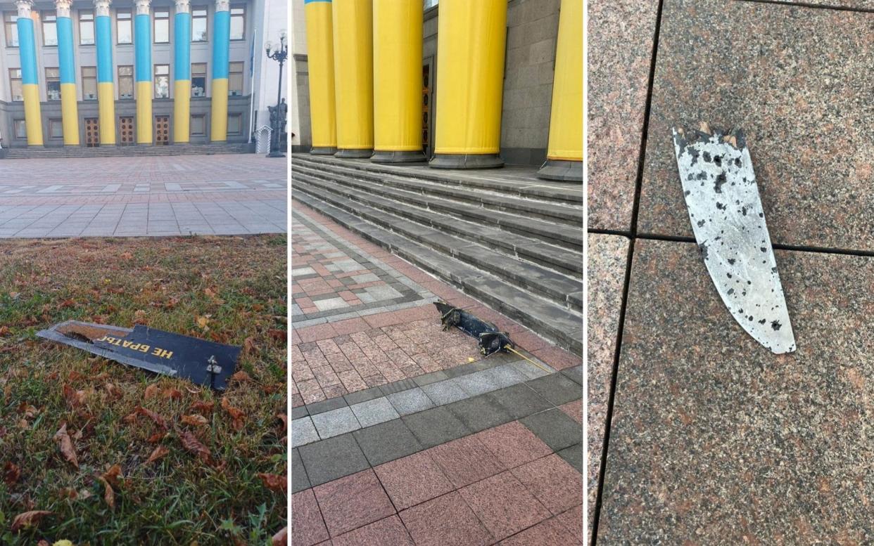 Charred wreckage from at least one destroyed Russian drone was left scattered outside Kyiv's parliament building